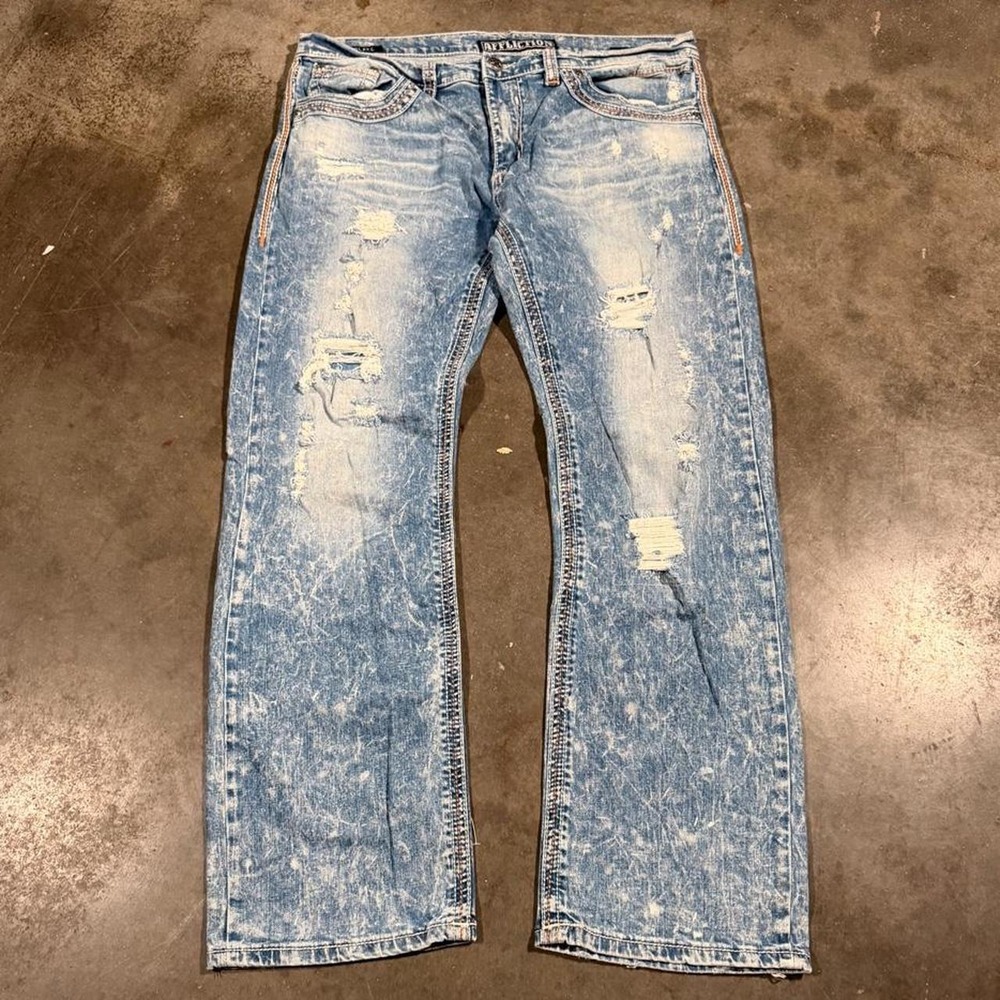 Affliction Blake Bootcut Jeans Mens 38x32 Blue Acid Wash Y2K Distressed Denim
